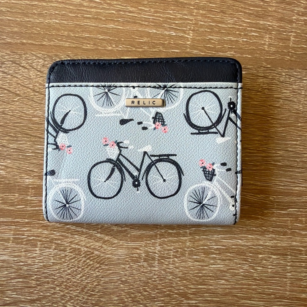 Relic Small Bifold Wallet in Light Blue with Black Bicycle Print